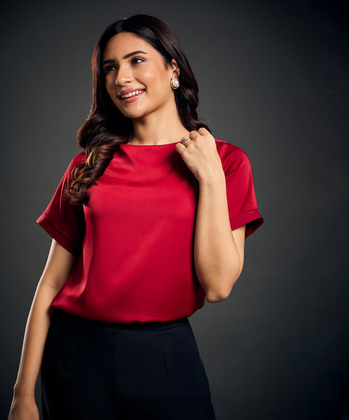 Drop Shoulder Boat Neck Red Top